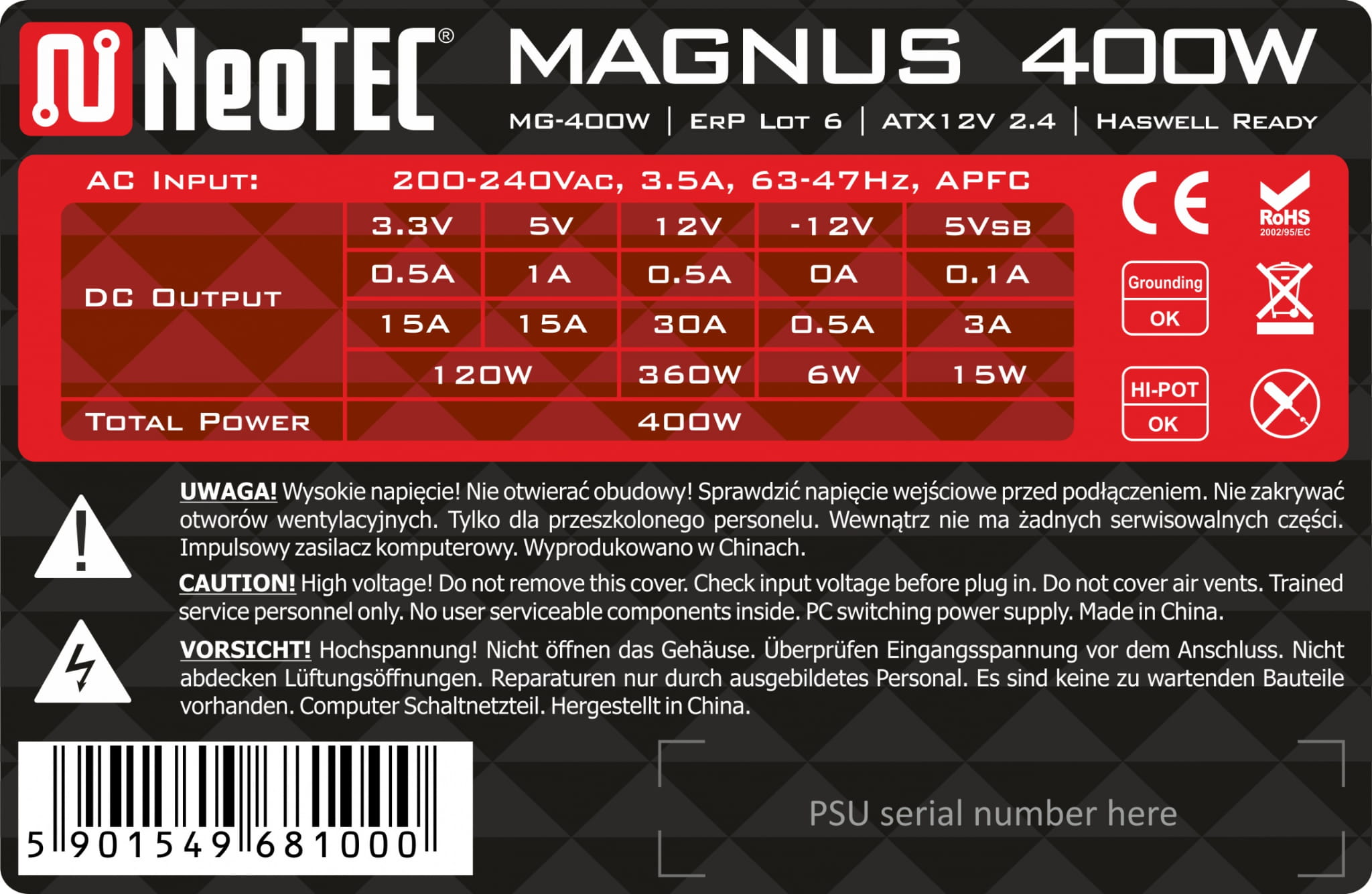 NeoTEC MG-400W napięcia